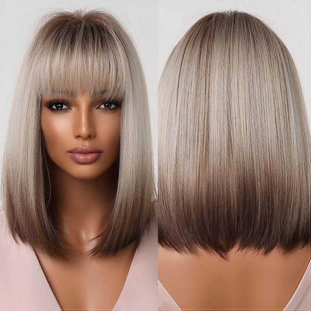 Unisex Black,Brown Blonde Wig Brown Blonde Ombre Wigs For Black Women Straiht Wig With Bangs Short