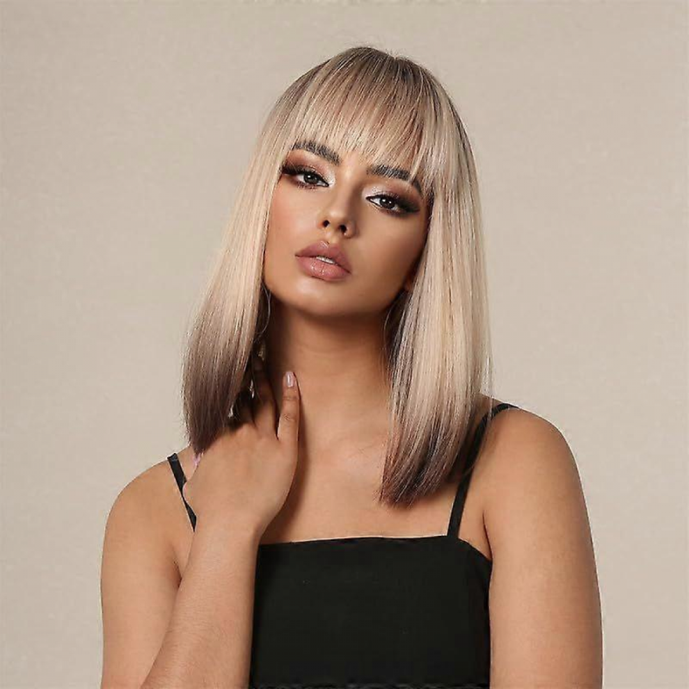 Ombre Blonde Brown Wig Short Straight Wigs Shoulder Length Straight Soft Dark