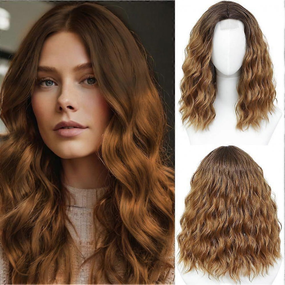 Unisex Ombre Honey Blonde Wig 18 Inch Middle Part Wavy Wigs For Women Medium Length