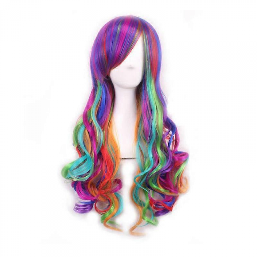 Unisex Women Synthetic Hair Wigs Rainbow Long Full Wavy Curly Party Cosplay