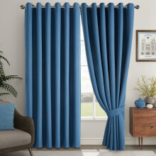 (Blue, 66" X 72" - (168cm x 183cm)) Thermal Insulated Curtains 100% Blackout Ring-Top Eyelet Curtain Panel with Tiebacks