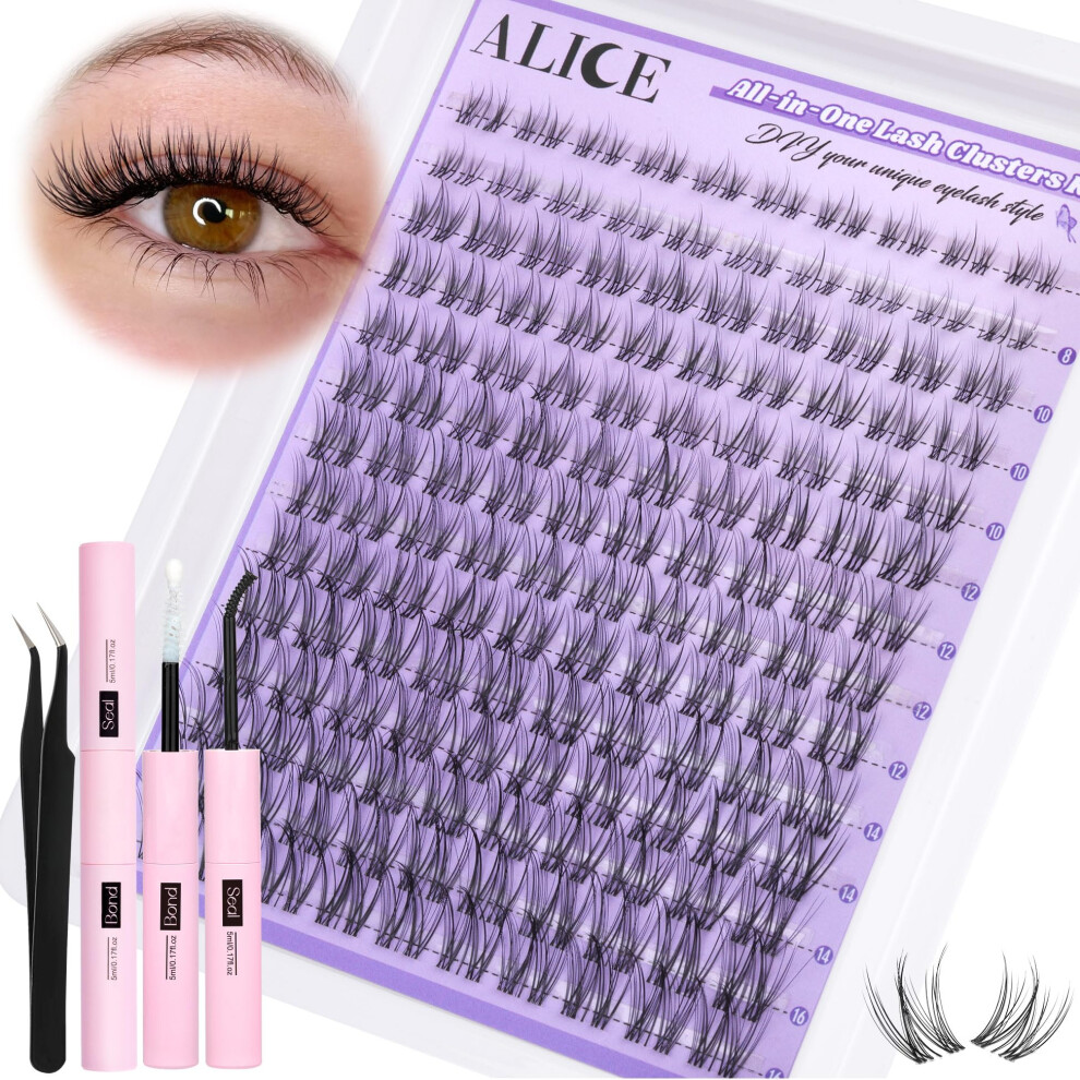 Alice Cluster Eyelash Extension Kit Natural Wispy Lash Clusters Kit Lash Extension Kit Clear Band 168Pcs C Curl 11-13Mm Individual Lashes With La