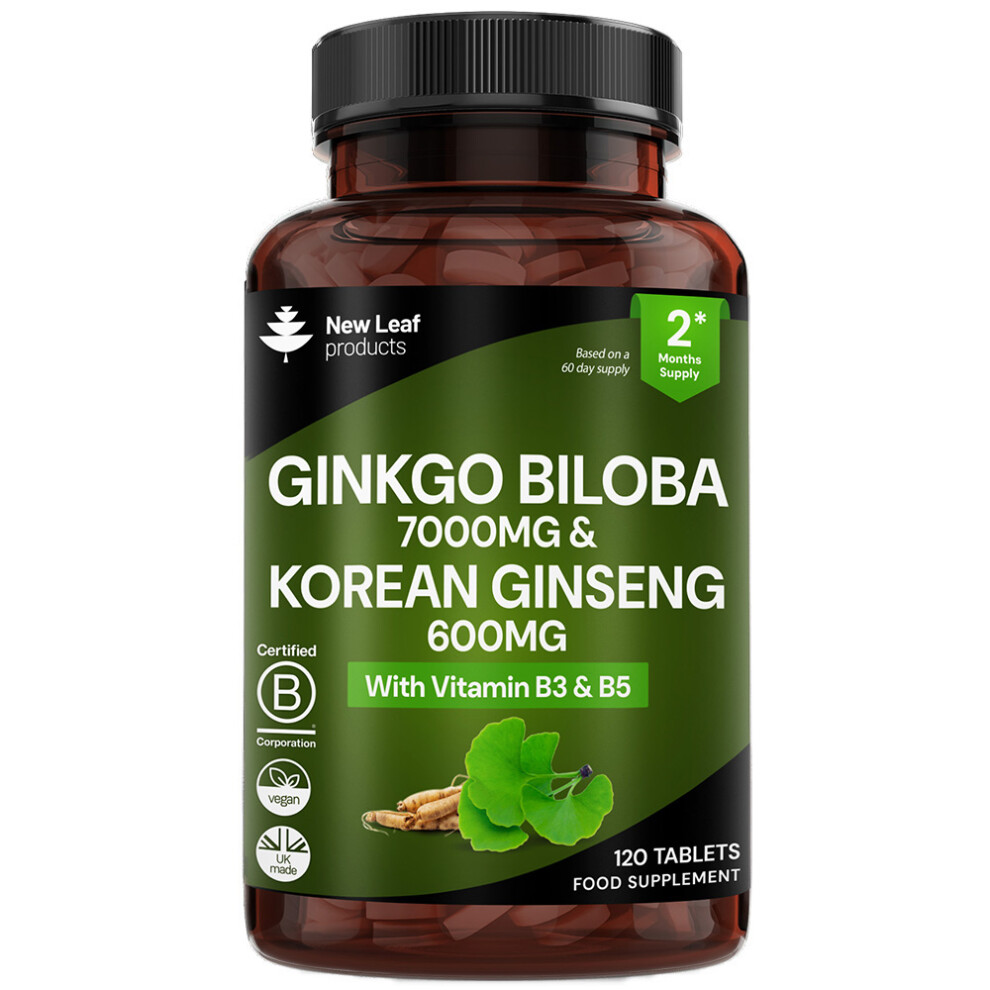 New Leaf Product Ginkgo Biloba 7000Mg & Korean Ginseng 600Mg Tablets + Vitamin B3 & B5