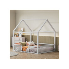 Cama de madeira maciça 140*200cm, Cama de casal, Cama plana, Cama de casa, Cama de casa com porta, branca