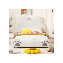 Cama estofada bonita para crianças, 140 x 200 cm, em forma de urso. Cama simples em veludo suave para a pele, branca.