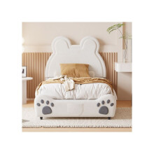 Cama estofada linda para criança, 90 x 200 cm, em forma de ursinho. Cama simples em veludo suave para a pele, branco.