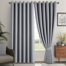 (Grey, 66" X 72" - (168cm x 183cm)) Thermal Insulated Curtains 100% Blackout Ring-Top Eyelet Curtain Panel with Tiebacks