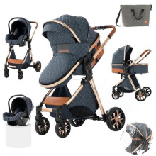 3-in-1 Kombi-Babywagen mit Autositz und Wanne, umkehrbar, verstellbar, hohe Qualität, pannensichere Räder, blau.