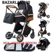 BAZARLAND30.Poussette 3 en 1 Bébé Combinée Siège-Auto Nacelle Trio Réversible Réglable Haute Qualité Roues increvables Canne. NOIR