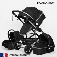 BAZARLAND30. Cochecito 3 en 1 Bebé Combinado Silla-Auto Capazo Reversible Adjustable Alta Calidad Ruedas Inmortales Silla Negra