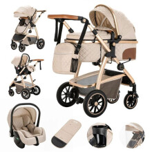 BAZARLAND30. Luxuriöser 3-in-1 Kinderwagen für Babys, tragbar, Reise, faltbar, Aluminiumrahmen, für Neugeborene. cremeweiß