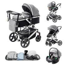 BAZARLAND30. Cochecito 3 en 1, Sistema de Viaje Con Silla de Auto, Capazo y moisés, Mosquitera, Cubierta de lluvia. GRIS