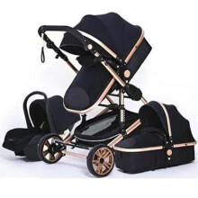 BAZARLAND30. 3-in-1 Kinderwagen Kombinierter Autositz Wanne Trio Wenden Hochwertige Unzerstörbare Räder Kinderwagen. Schwarz und Gold
