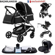 BAZARLAND30. Kombinierte 3-in-1 Kinderwagen Autositz Wannen-Trio Umkehrbar Verstellbar Hochwertig Unplattbare Räder. schwarz