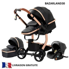 BAZARLAND30. Cochecito 3 en 1 Bebé Combinado Silla-Coche Nacelle Trio Reversible cuero pu Ruedas irrompibles Silla. negro