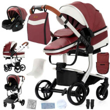 BAZARLAND30. Cochecito 3 en 1 Bebé Combinado Silla de Auto Capazo Trío Reversible de cuero pu Ruedas irrompibles Cañón. ROJO