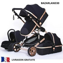 BAZARLAND30. Cochecito 3 en 1 Bebé Combinado Silla-Auto Capazo Reversible Adjustable Alta Calidad Ruedas Inmortales Silla Negra