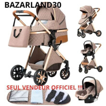 BAZARLAND30. Cochecito 3 en 1 Bebé Combinado Silla-Coche Nacelle Trio Reversible Ajustable de Alta Calidad Ruedas Increíbles Cane. KAKI
