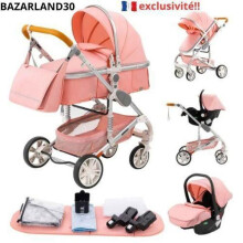 BAZARLAND30.Combipoussette 3 in 1 Autozitje Wieg Trio Omkeerbaar Verstelbaar Hoge Kwaliteit Onverwoestbare Wielen.roze