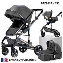BAZARLAND30 3 in 1 Baby-Kombination Buggy Auto-Sitz Wanne Wendbar Einstellbar Hochwertige Unplattbare Räder Buggy. grau