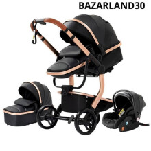 BAZARLAND30 Cochecito 3 en 1 Bebé Combinado Silla de Auto Capazo Trio Reversible cuero PU Ruedas antidesinflables Cañón negro