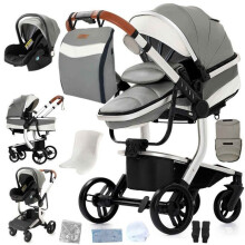 BAZARLAND30. Cochecito 3 en 1 Bebé Combinado Silla-Auto Capazo Trio Reversible cuero pu Ruedas inyectables Silla. GRIS