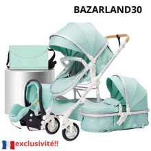 BAZARLAND30. 3-in-1 Baby Kinderwagen Gecombineerde Autostoel Bakje Trio Omkeerbaar Verstelbaar Hoge Kwaliteit Stevige Wielen Groen