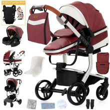 BAZARLAND30. Cochecito 3 en 1 Bebé Combinado Silla de Auto Capazo Trío Reversible de cuero pu Ruedas irrompibles Cañón. ROJO