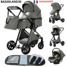 BAZARLAND30. Carrito 3 en 1 Bebé Combinado Silla de Auto Cuna Trio Reversible Ajustable Alta Calidad Rueda Increíble Canasta. gris oscuro