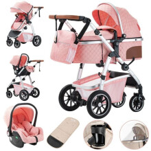 BAZARLAND30. Luxe 3-in-1 Kinderwagen voor Baby, Draagbaar, Reis, Opvouwbaar, Aluminium Frame, voor Pasgeborenen. ROZE