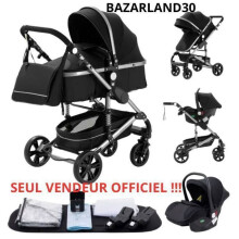 BAZARLAND30.Yhdistelmävaunu 3 in 1 Turvaistuin Vaunu Trio Käännettävä Säädettävä Korkealaatuinen Pannukakkuja Kestäviä. musta ja hopea