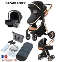 BAZARLAND30. Cochecito 3 en 1 Bebé Combinado Silla de Auto Capazo Trío Reversible Ajustable Alta Calidad Ruedas Increíbles. negro