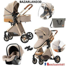 BAZARLAND30. Cochecito 3 en 1 Bebé Combinado Silla de Auto Capazo Trio Reversible Ajustable de Alta Calidad Ruedas Increíbles Cañón caqui.