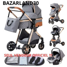 BAZARLAND30.Poussette 3 en 1 Bébé Combinée Siège-Auto Nacelle Trio Réversible Réglable Haute Qualité Roues increvables . BLEU/GRIS