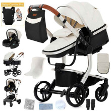 Cochecito 3 en 1 Bebé Combinado Silla de Auto Cuna Trío Reversible de piel sintética Ruedas antipinchazos Cañón. BLANCO