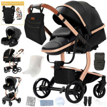 Cochecito 3 en 1 Bebé Combinado Silla-Coche Nacelle Trio Reversible cuero pu Ruedas ininflables Cañón. NEGRO