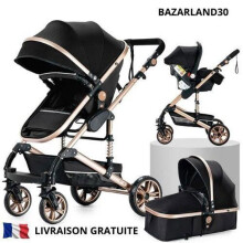 BAZARLAND30 Cochecito 3 en 1 Bebé Combinado Sillas de Auto Capazo Reversible Ajustable de Alta Calidad Ruedas Increíbles Cañón. negro y oro