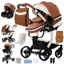 BAZARLAND30. Cochecito 3 en 1 Bebé Combinado Silla-Auto Nacelle Trio Reversible cuero PU Ruedas ininflables Silla. MARRÓN