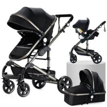 BAZARLAND30 Poussette 3 en 1 Bébé Combinée Siège-Auto Nacelle Réversible Réglable Haute Qualité Roues increvables.noir et argent