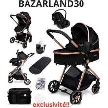 BAZARLAND30.carriola combinada 3-en-1, asiento para auto, capazo, ultra ligera (aprox. 7 kg), cubierta de lluvia, mosquitera. NEGRO/DORADO