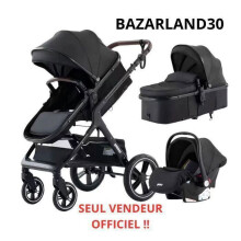 BAZARLAND30.Poussette 3 en 1 Bébé Combinée Siège-Auto Nacelle Trio Réversible Réglable Haute Qualité Roues increvables Canne.NOIR