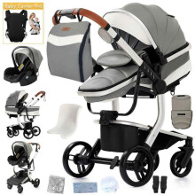 BAZARLAND30. Cochecito 3 en 1 Bebé Combinado Sillas de Auto Nacelle Trio Reversible cuero pu Ruedas inquebrantables Silla. GRIS