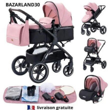 BAZARLAND30. Cochecito 3 en 1 Bebé Combinado Silla de Auto Capazo Trío Reversible Ajustable Alta Calidad Ruedas Increíbles Silla. rosa