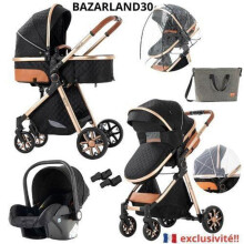 BAZARLAND30. Cochecito 3 en 1 Bebé Combinado Silla de Auto Nacelle Trio Reversible Ajustable Alta Calidad Ruedas Increíbles Cañón. negro