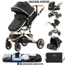 BAZARLAND30. 3-in-1 Babyschale Kombi Auto-Sitz Wanne Trio Wendbar Verstellbar Hochwertige Reifen Unplattbare Kinderwagen. schwarz