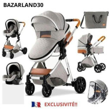 BAZARLAND30. Cochecito 3 en 1 Bebé Combinado Silla de Auto Capazo Trio Reversible Alta Calidad Ruedas a Prueba de Pinchazos Silla Ligera Gris Claro