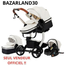 BAZARLAND30. Cochecito 3 en 1 Bebé Combinado Silla de Auto Cuna Trio Reversible cuero pu Ruedas anti-pinchazo Silla. BLANCO
