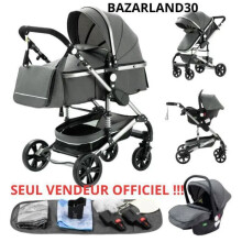 BAZARLAND30. Silla de paseo combinada 3 en 1 Silla de auto Nacelle Trio Reversible Ajustable de alta calidad Ruedas antipinchazos. GRIS