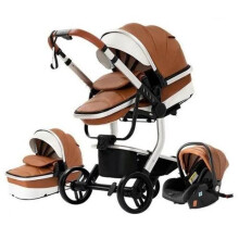 BAZARLAND30.Carrito 3 en 1 Bebé Combinado Silla de Auto Capazo Trío Reversible cuero pu Ruedas irrompibles Silla. caqui