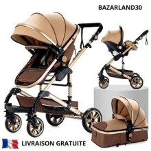 BAZARLAND30. Cochecito 3 en 1 Bebé Combinado Asiento-Coche Nacelle Trio Reversible Ajustable Alta Calidad Ruedas Increíbles Canasta Khaki